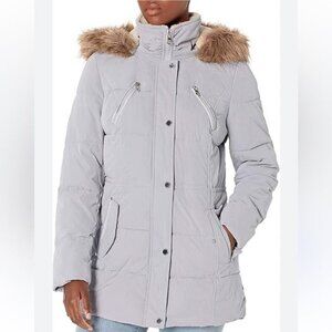 NWOT Nautica Women's Light Dusty Blue Fur-Trimmed Parka Puffer Jacket Medium